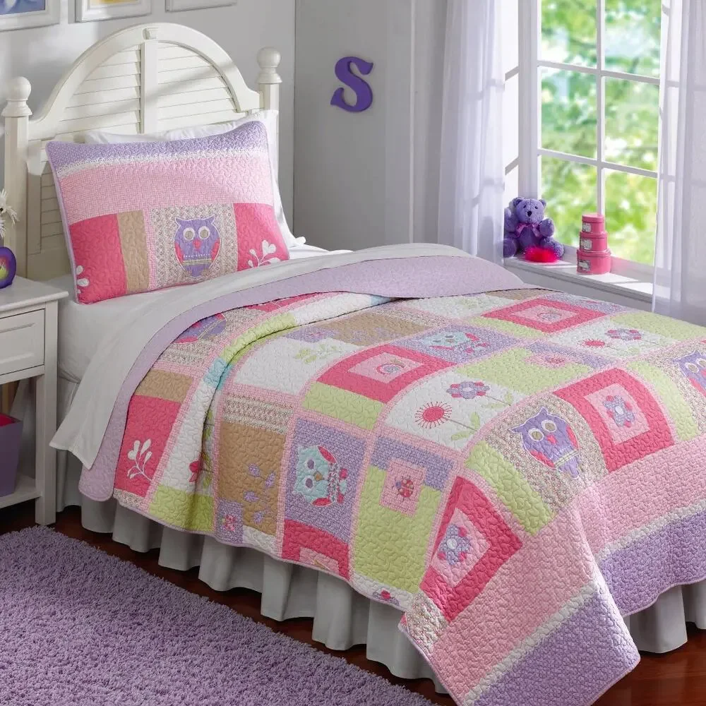 Happy Owls Quilt Set Full Queen Pink Purple Floral Cottage Bedding